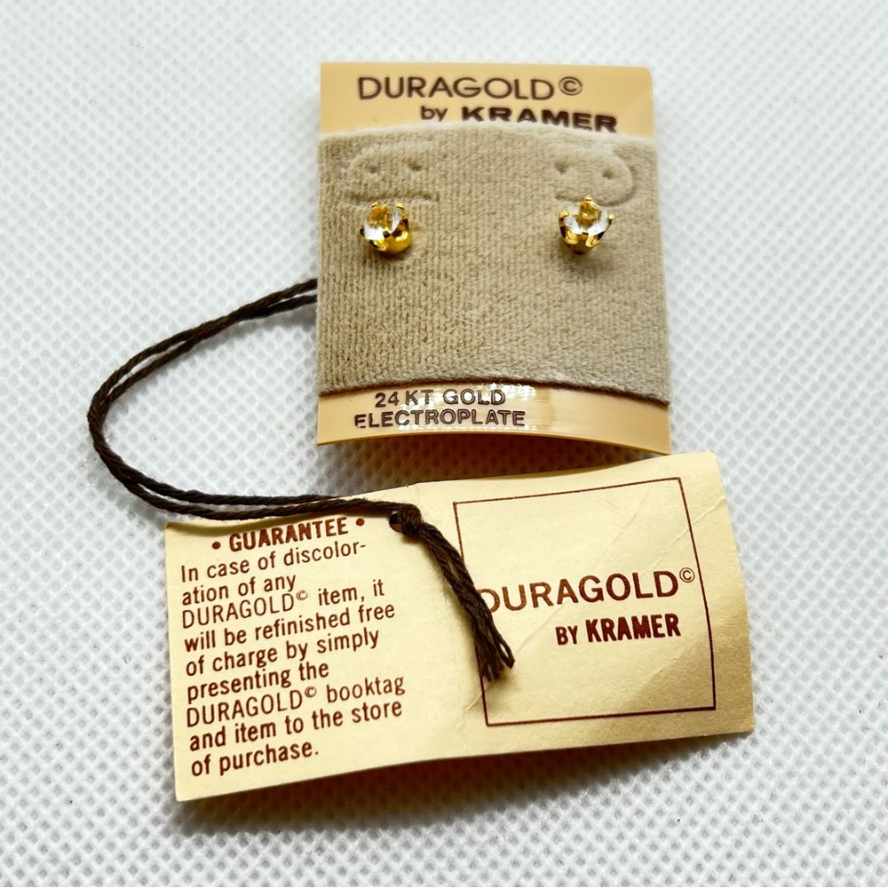 DURAGOLD Clear Stone Stud Earrings by Kramer-24KT Gold Electroplate w/Backs-NWT